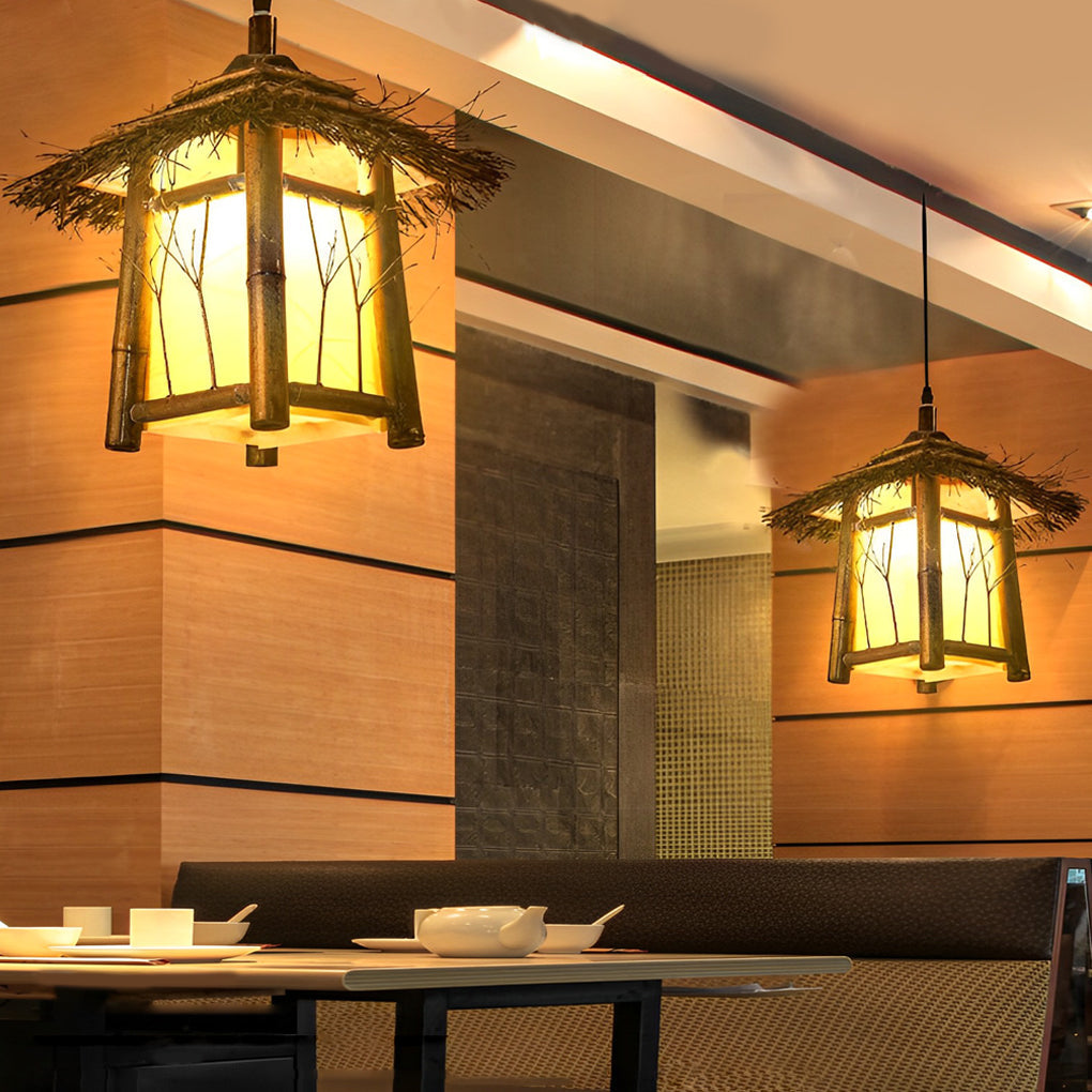 Rustic pendant light enhancing a modern outdoor entrance with vintage charm.