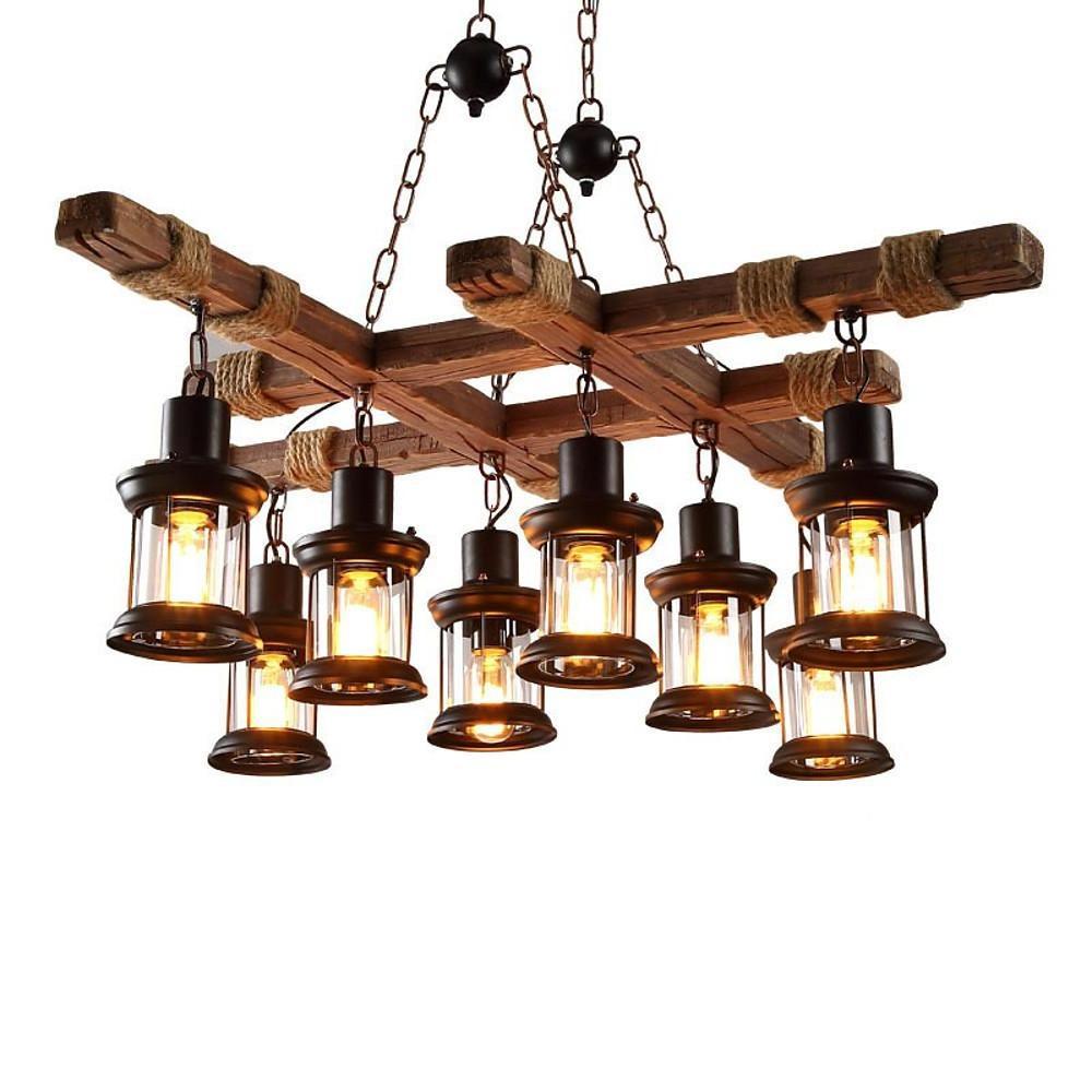 Rustic wood chandelier showing hanging height and chain suspension design.