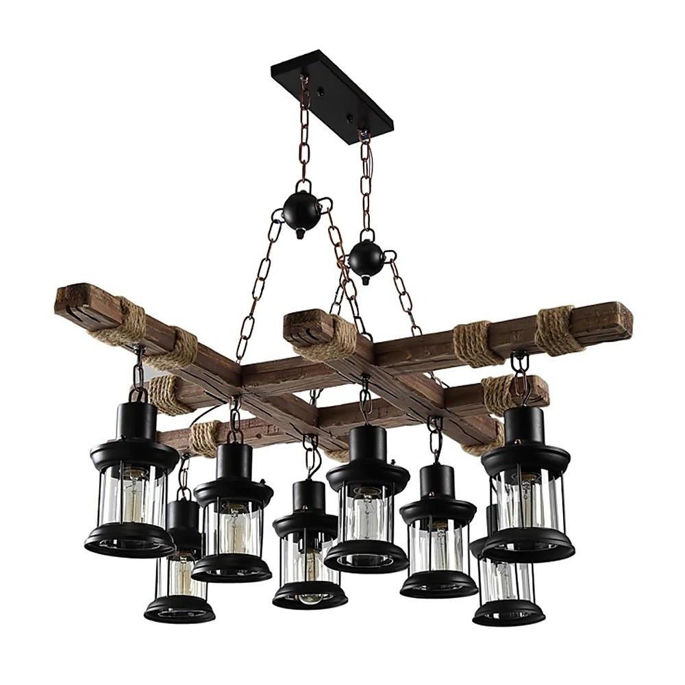 Rustic wood chandelier isolated on white background showing full structure.