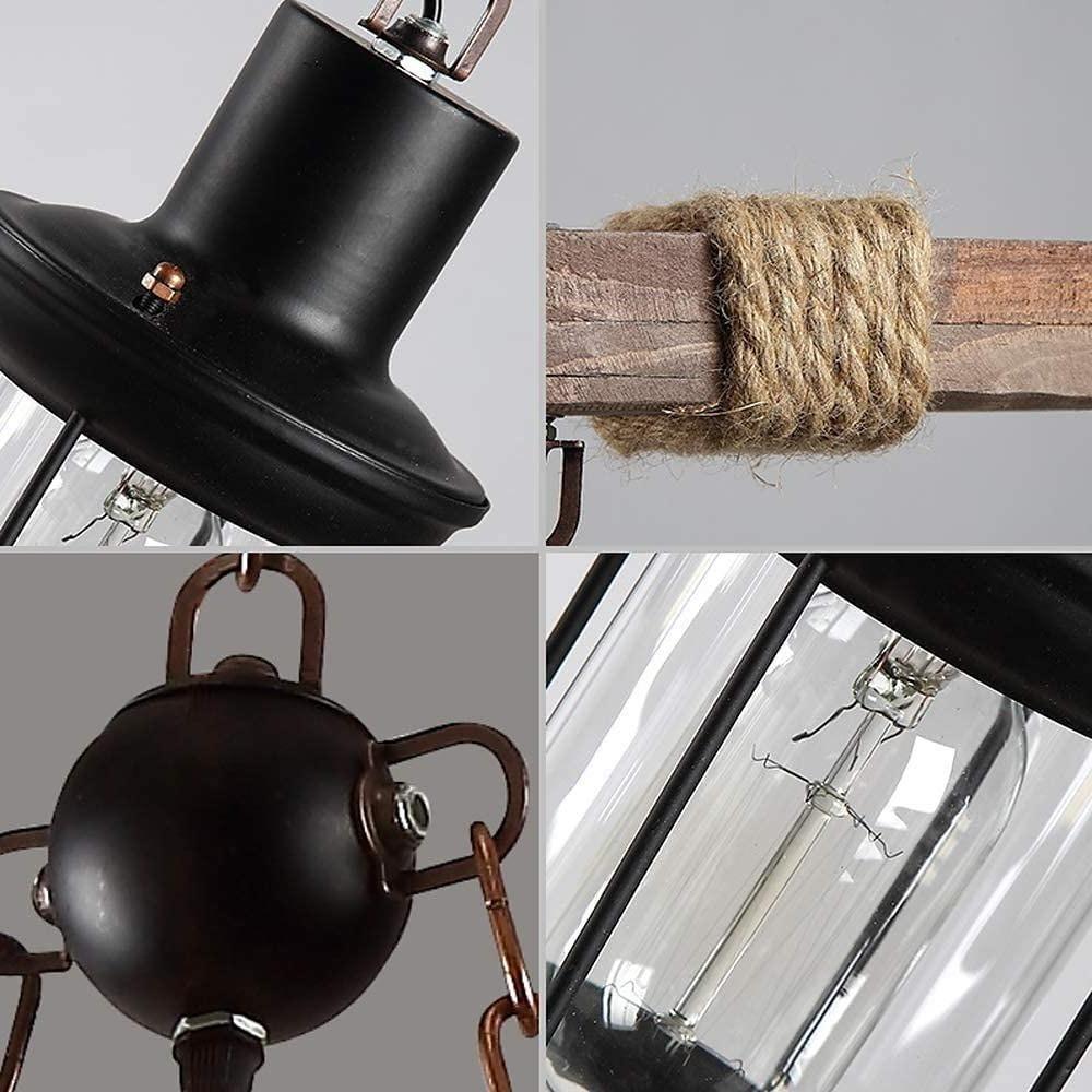 Detail of rustic wood chandelier showing textured wood grain and rope accent.