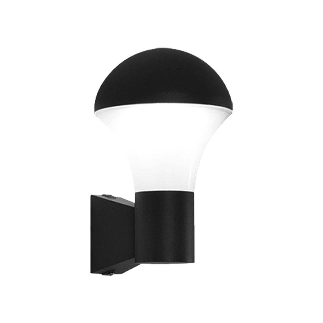 Contemporary cylindrical sconce outdoor lighting with black housing and soft diffused light on clean backdrop.