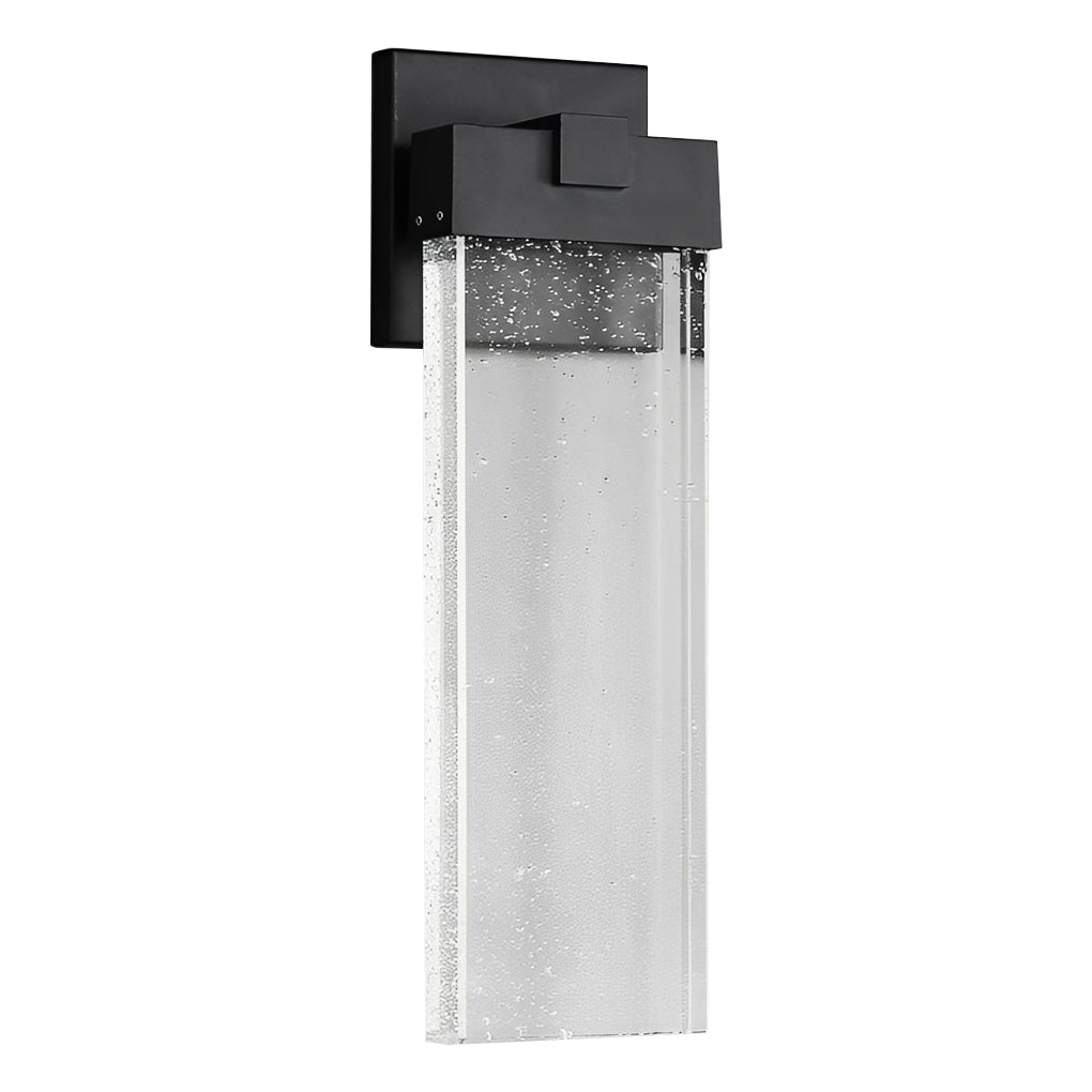 Seeded glass outdoor wall lighting mounted on a black frame, showcasing its sleek design.