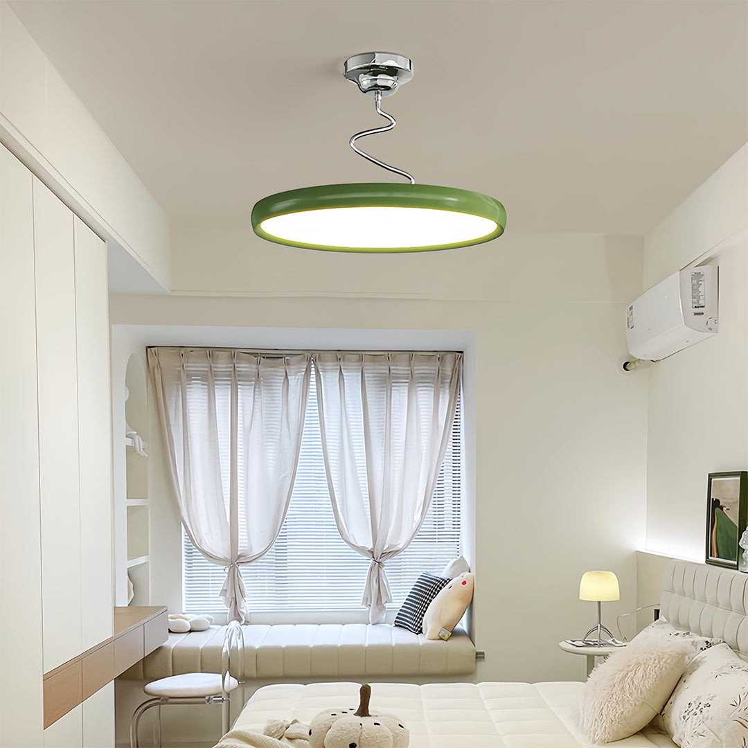 Modern semi flush mount ceiling light brightening contemporary space with neutral palette and wall art