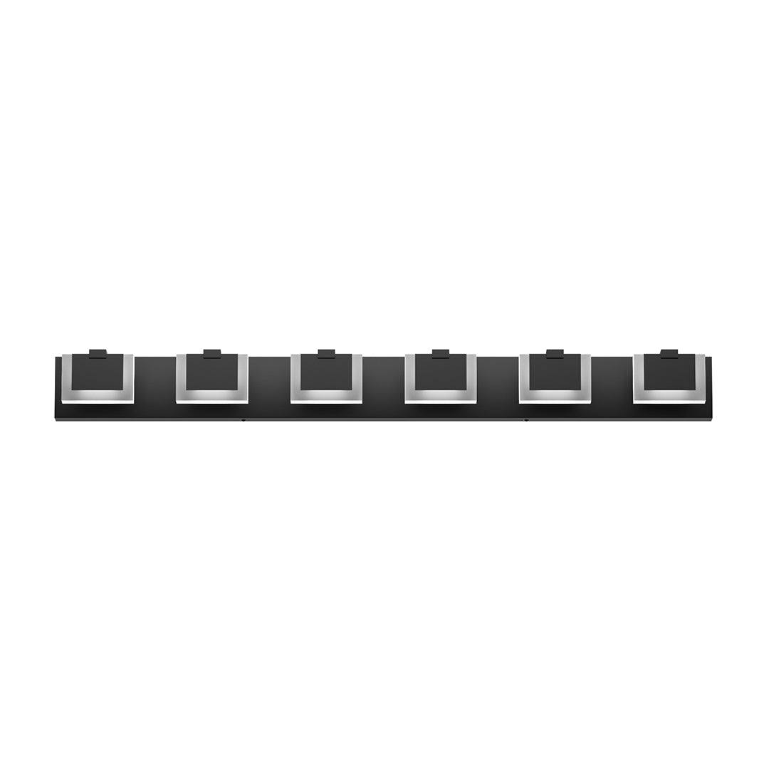 Seven-light bathroom LED vanity lights with glass shade chandelier aesthetic in sleek horizontal black and white configuration.