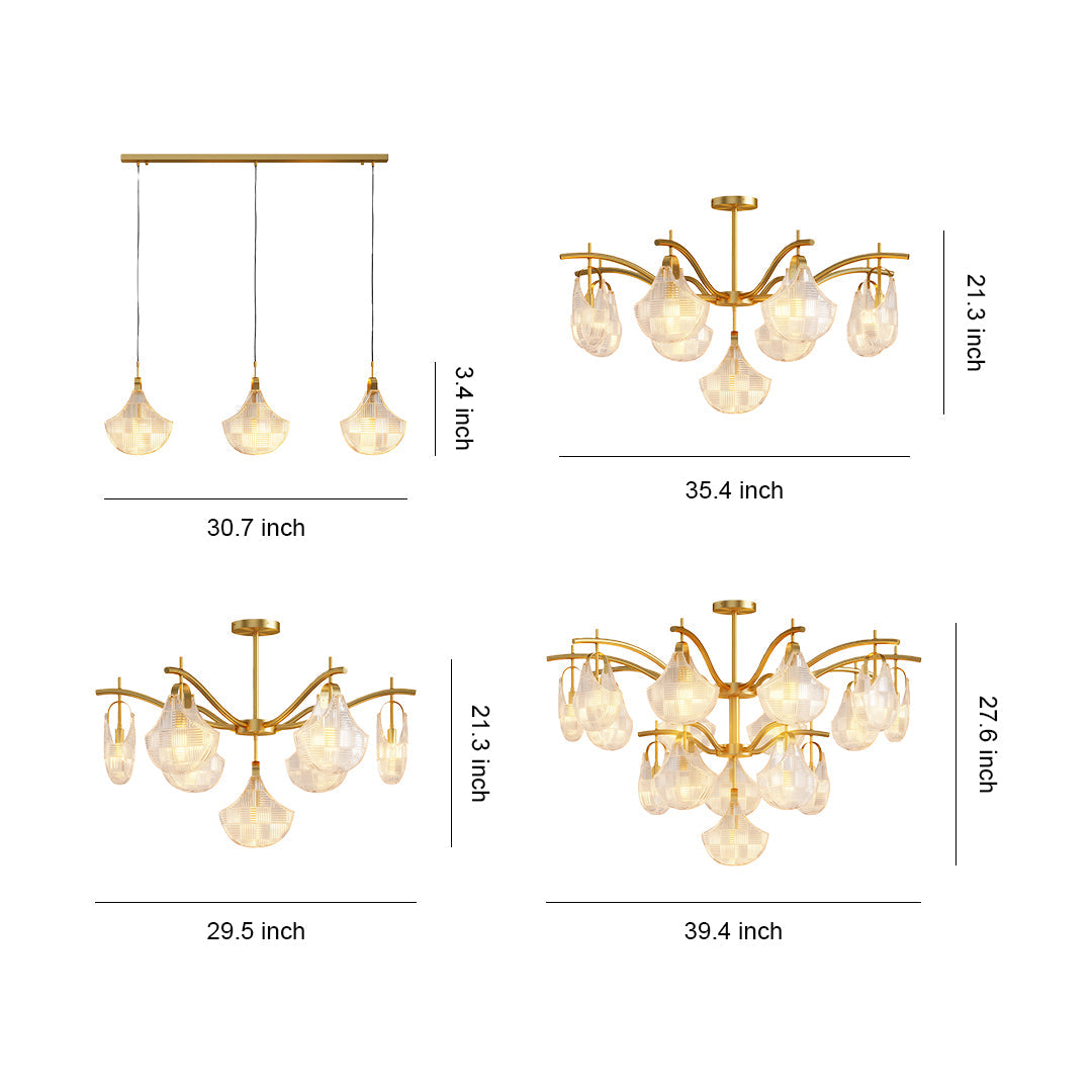 Shell chandelier light specification diagram showing multiple size and configuration options.