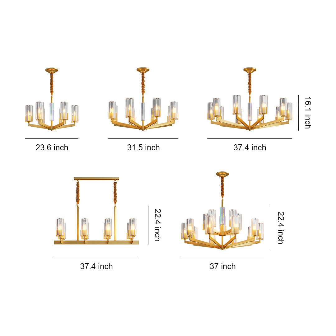 Shell chandeliers specification diagram showing multiple size configurations with dimensions