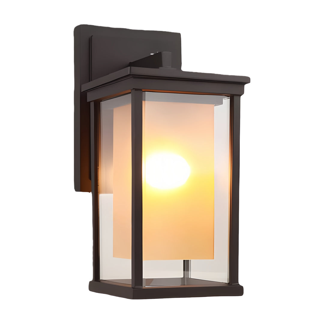 Side view of black outdoor wall mounted light, showcasing its sleek design and warm lighting effect.