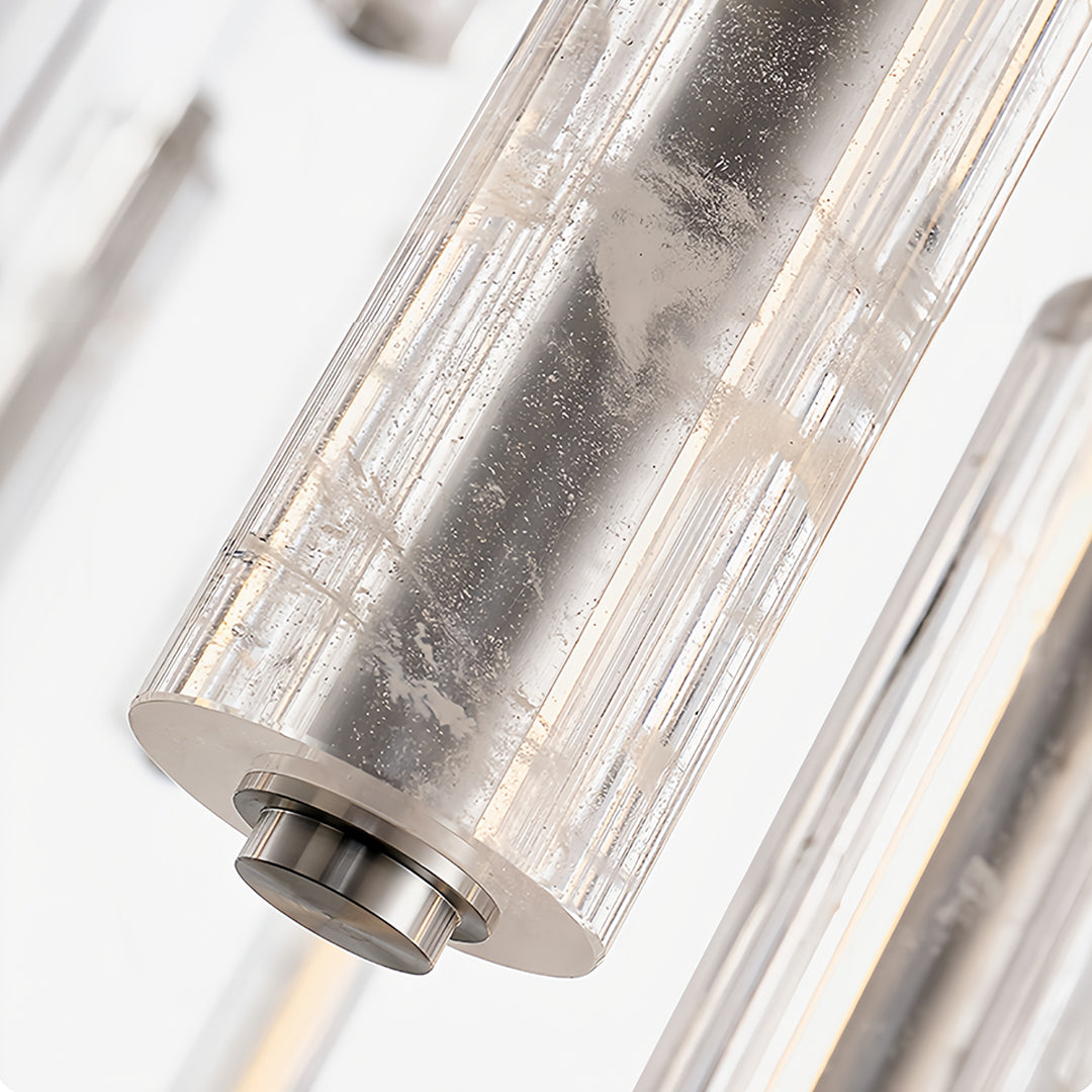Side view of a modern crystal pendant light, emphasizing its crystal structure and elegant design.