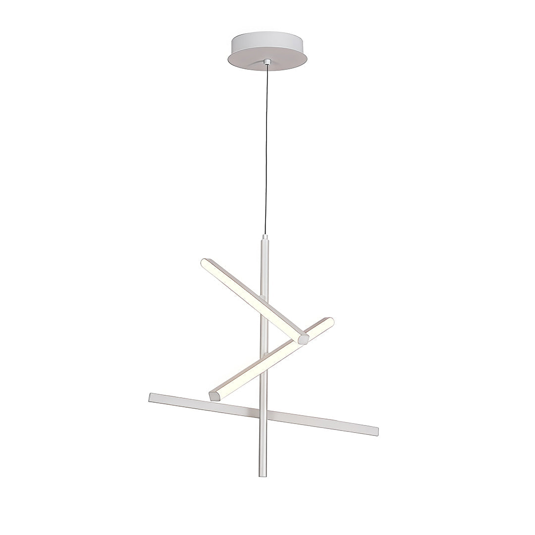 Silver iron linear chandelier with six radiating arms and dotted LED light pattern on white.