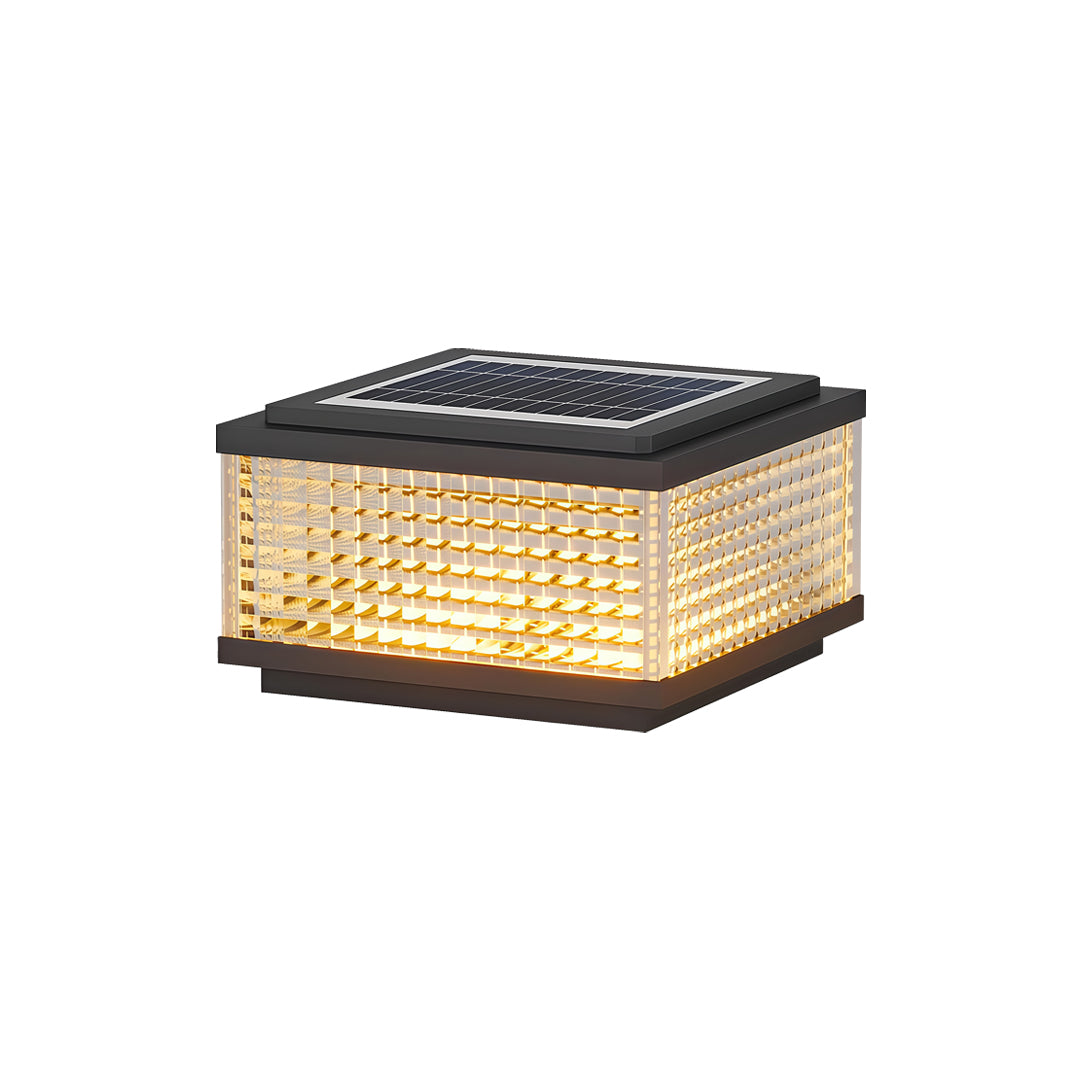 Large outdoor solar pillar lights with durable black frame and integrated solar charging panel detail.