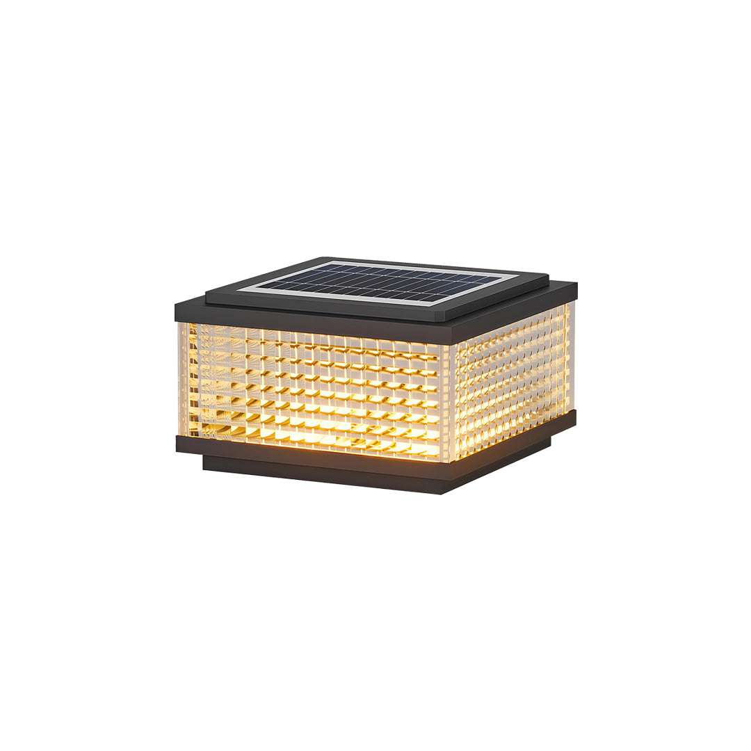 Elegant large outdoor solar pillar lights with textured illuminated sides and black solar panel top cover.