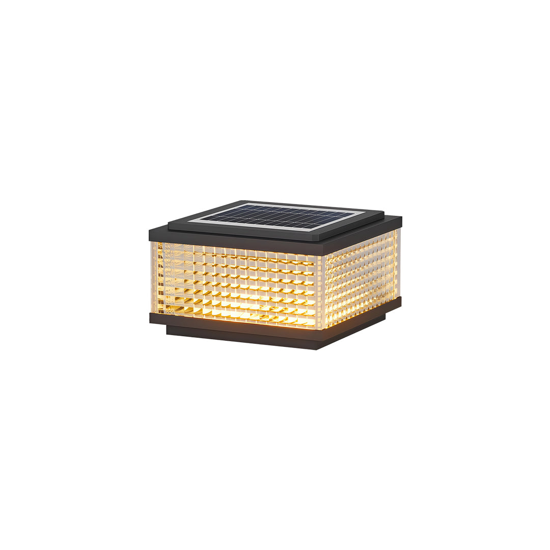 Large outdoor solar pillar lights with integrated solar panel top and illuminated textured acrylic diffuser.