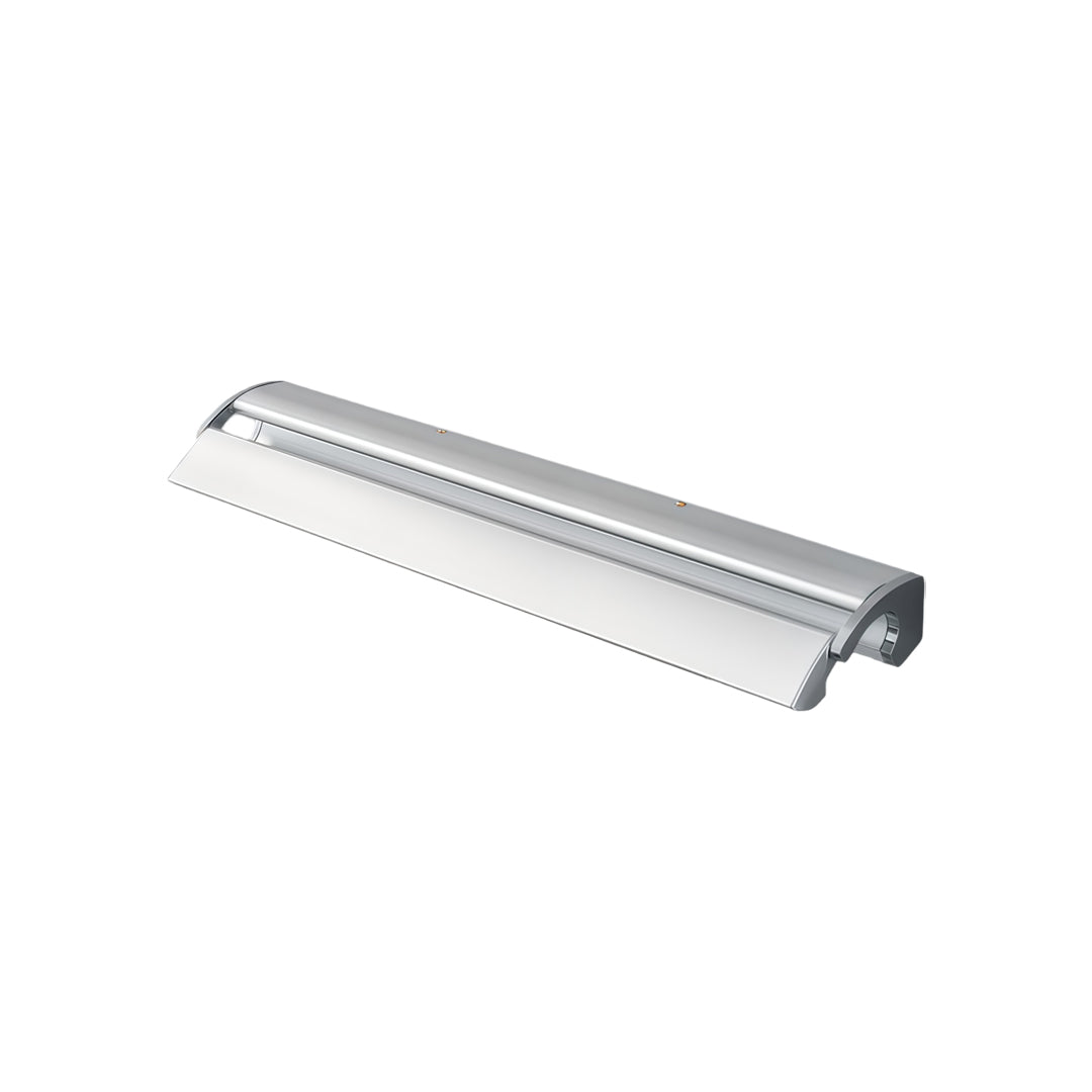 Contemporary silver wall lights featuring streamlined linear design and soft warm illumination on white background.