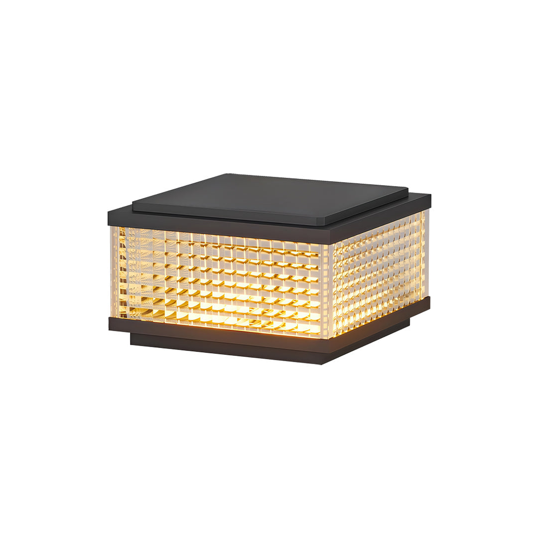 Modern large outdoor solar pillar lights isolated on white background with textured transparent side panels.