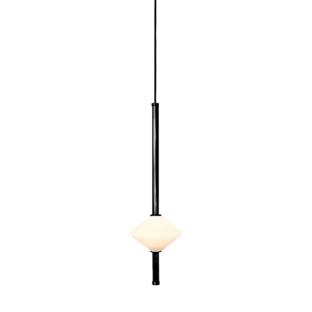 Contemporary bedside pendant light featuring spherical white shade and sleek black drop design