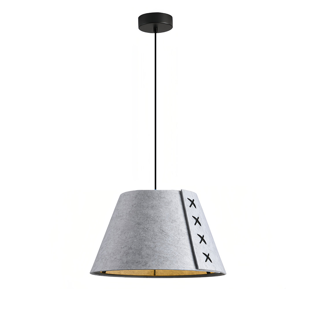 Single large hanging pendant light in light gray felt fabric with black stitching detail