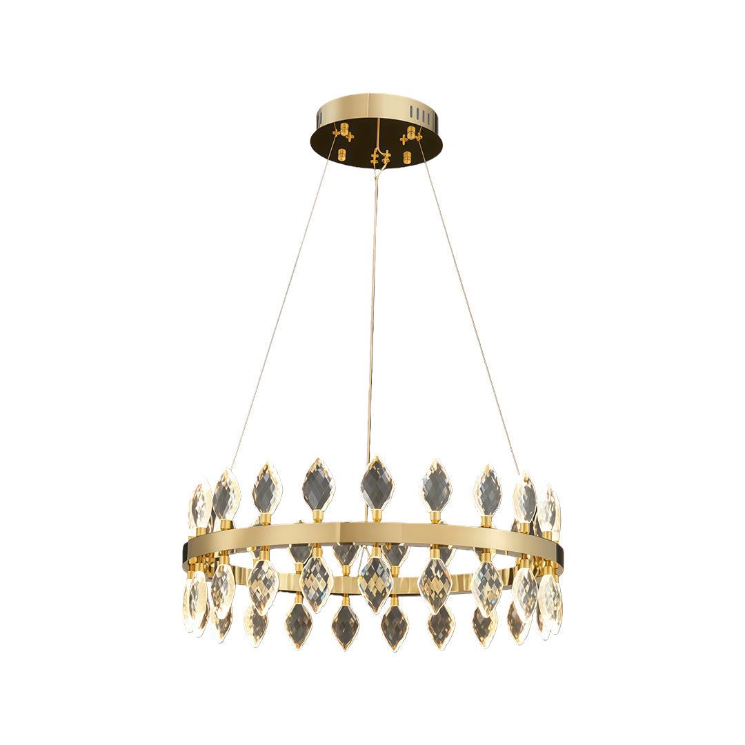 Single-tier crystorama chandeliers with gold frame and crystal drops.