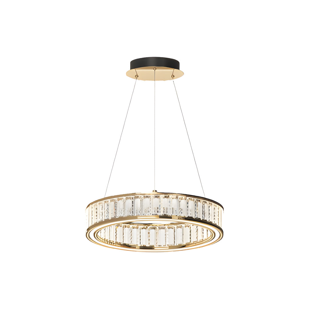 Single-tier large crystal chandeliers with circular ring design and vertical rectangular crystal glass elements