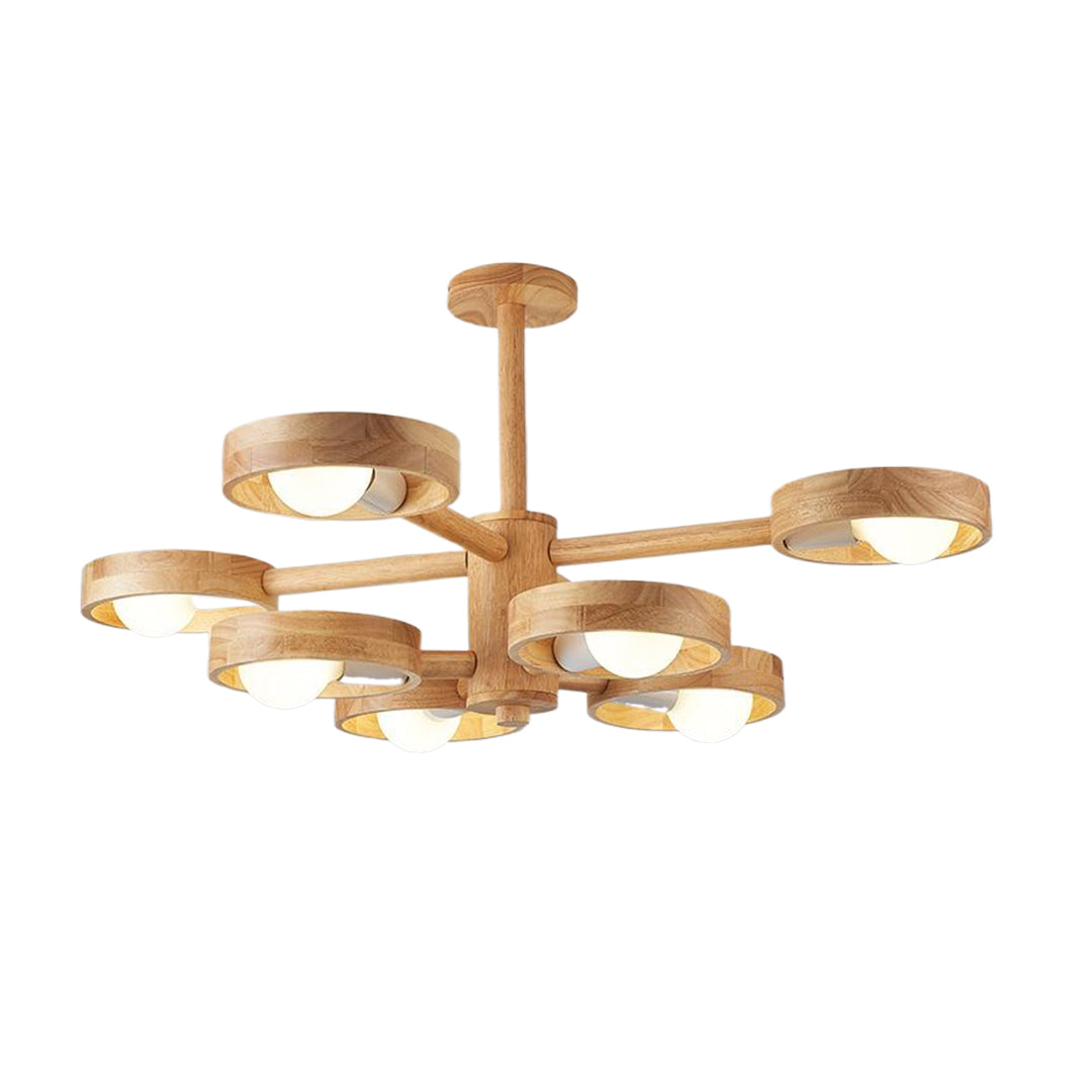 Six-arm brass glass shade chandelier with compact design and wall light functionality