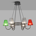 Six-light chandelier with colorful glass shades installed in modern interior space