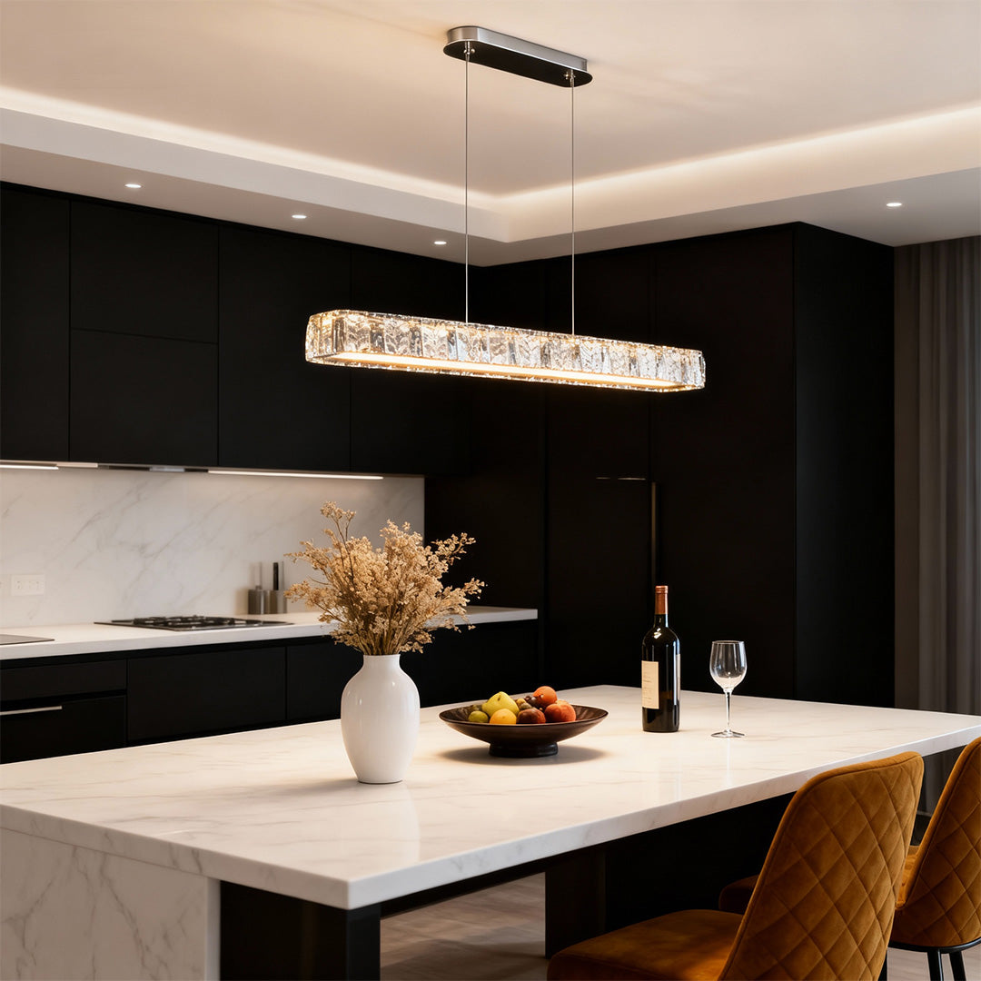 Size comparison chart of modern gold pendant lights, showcasing three different lengths and designs.