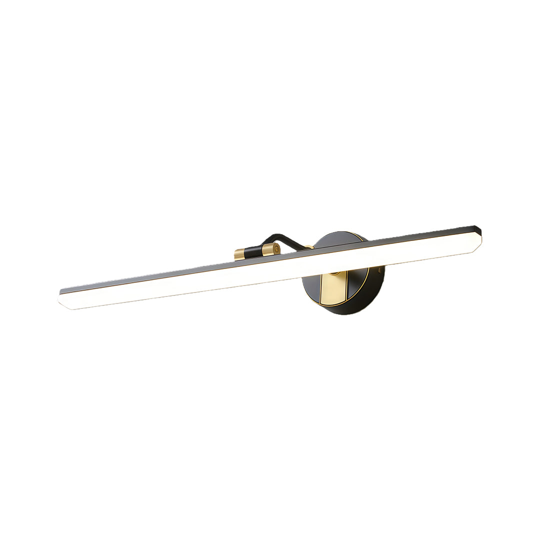 Sleek bathroom vanity LED light in black and gold, installed above a mirror for functional illumination.