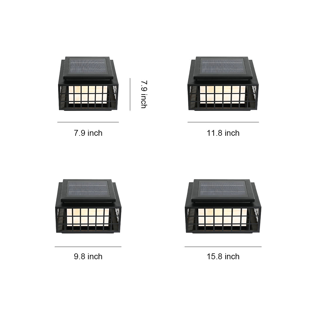 Modern gate pillar lights with a sleek black square design, featuring detailed dimensions for outdoor installation.