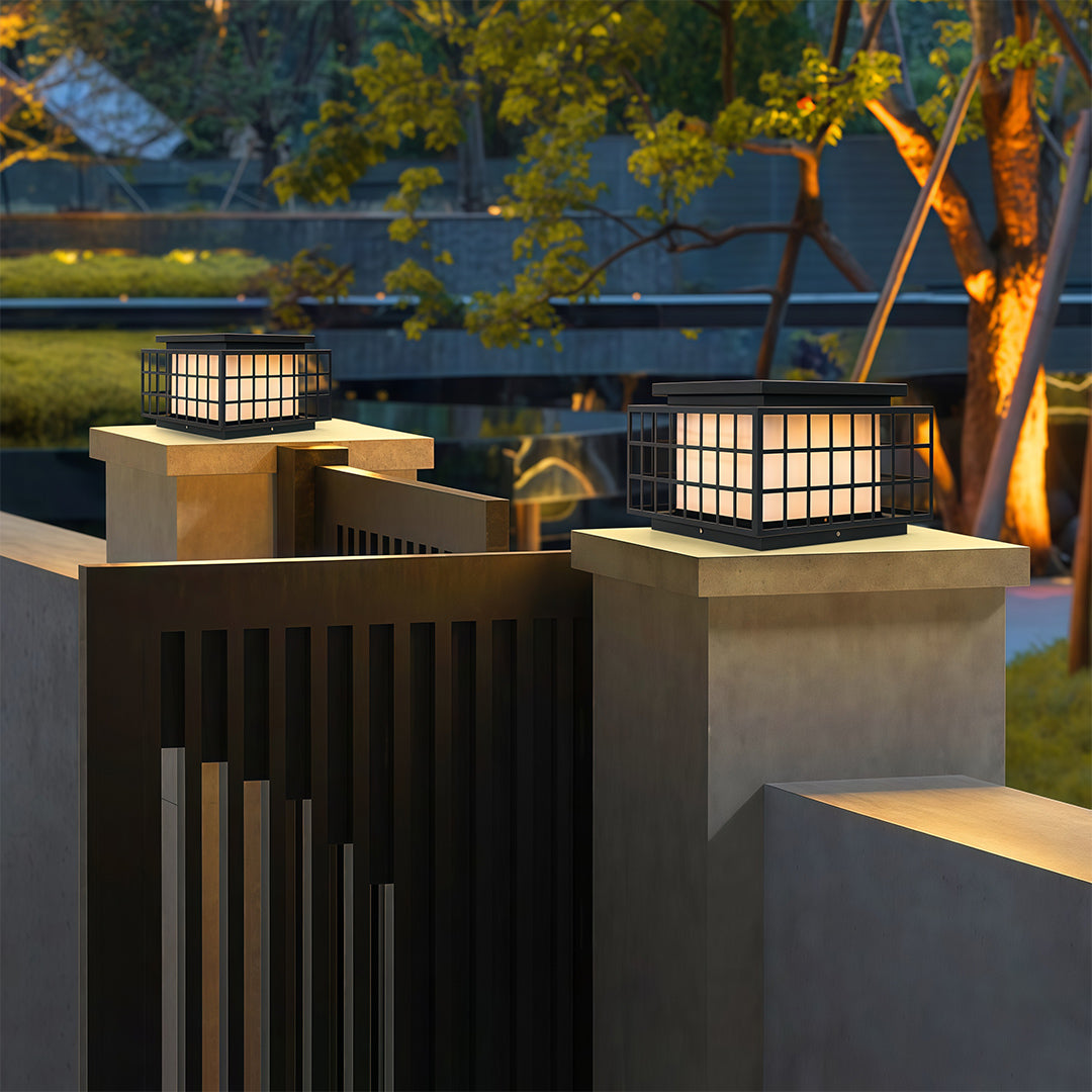 Modern gate pillar lights with a black square design, showcasing its sleek and functional outdoor lighting.