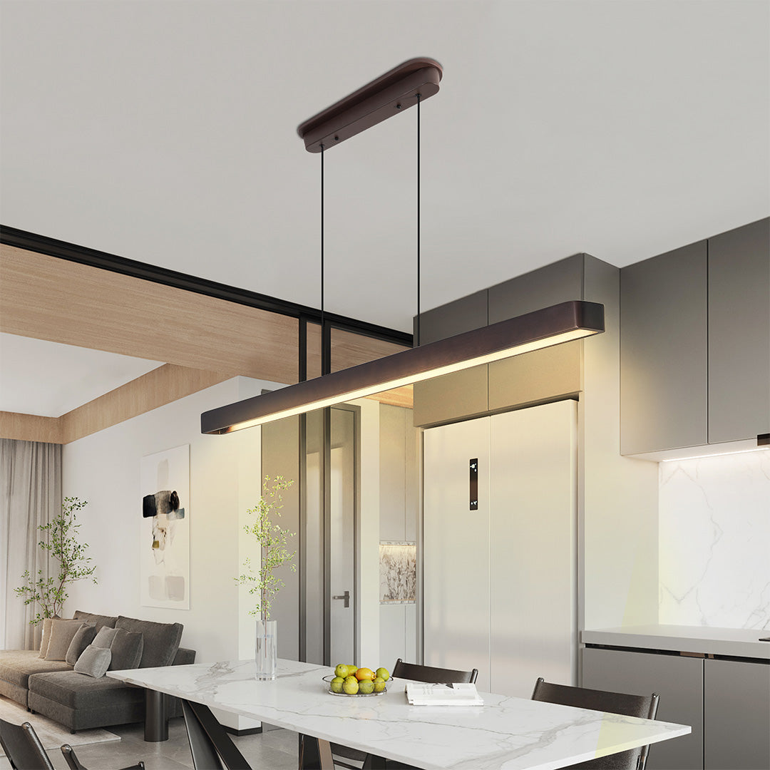 Smart linear LED pendant lighting with remote control, providing adjustable brightness and warm tone.