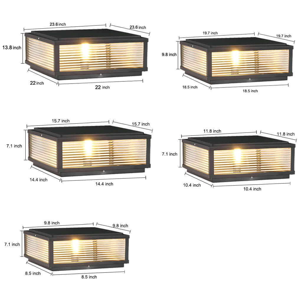 Square pillar light with dimensions 7.87x7.87x5.91 inches, showcasing sleek design and warm illumination.
