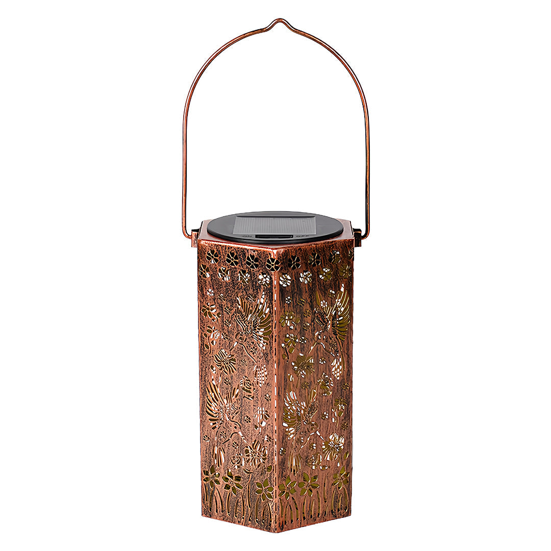 Slightly different angle of the hanging red outdoor lantern showing texture and solar panel on top.