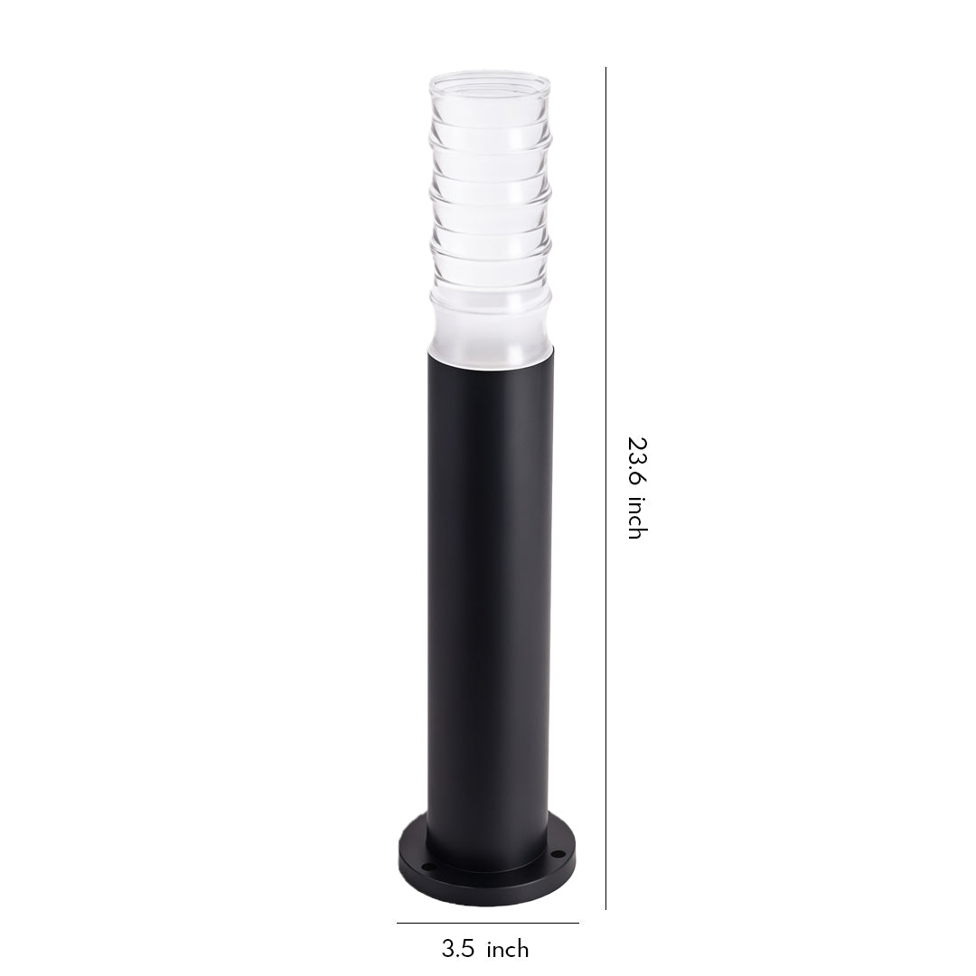 Slim black landscape lighting bollard with clear top diffuser, designed for modern garden and pathway illumination.
