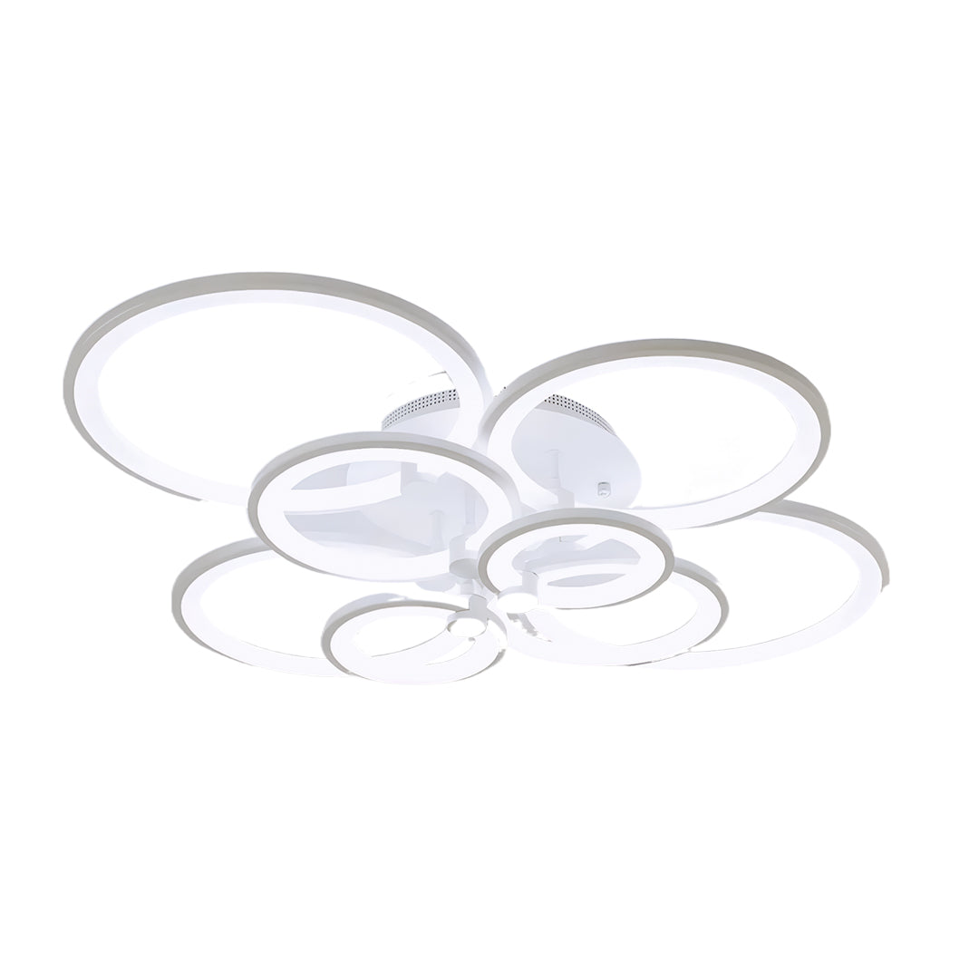 Side angle close up showcasing slim profile of modern multi ring ceiling lights.