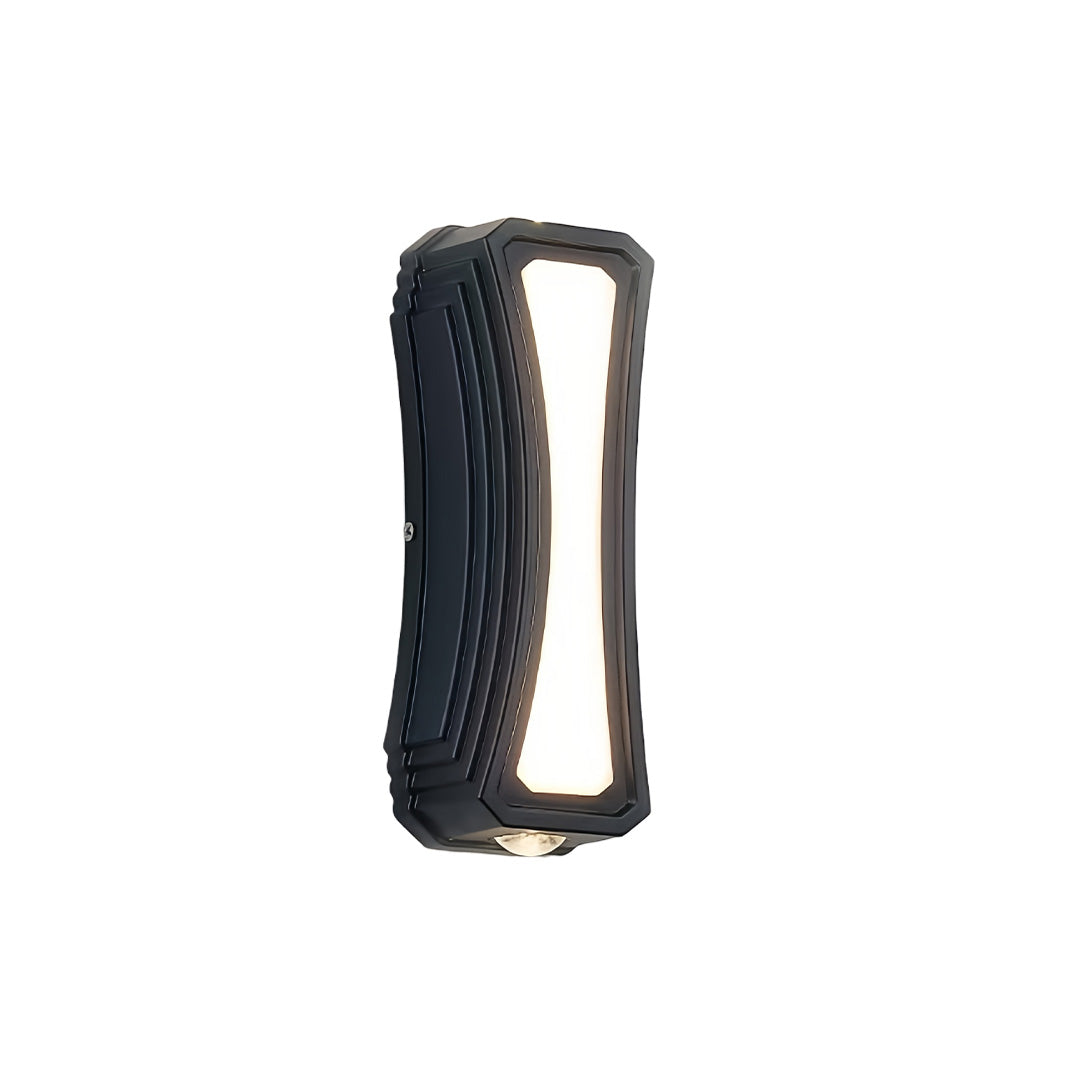 Slim vertical black modern up down outdoor wall lights with sculpted body design shown against a plain backdrop.