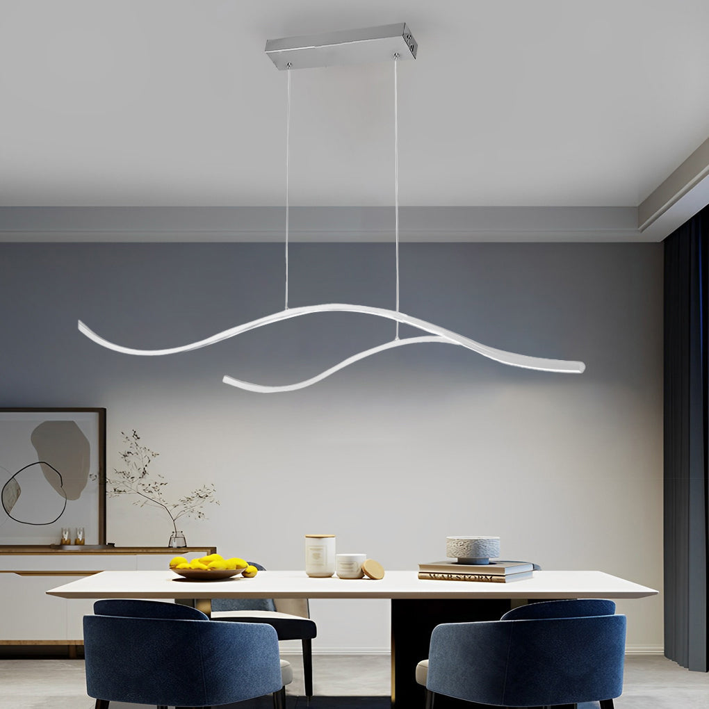 Slim wave-shaped curved LED pendant light over a contemporary dining table.