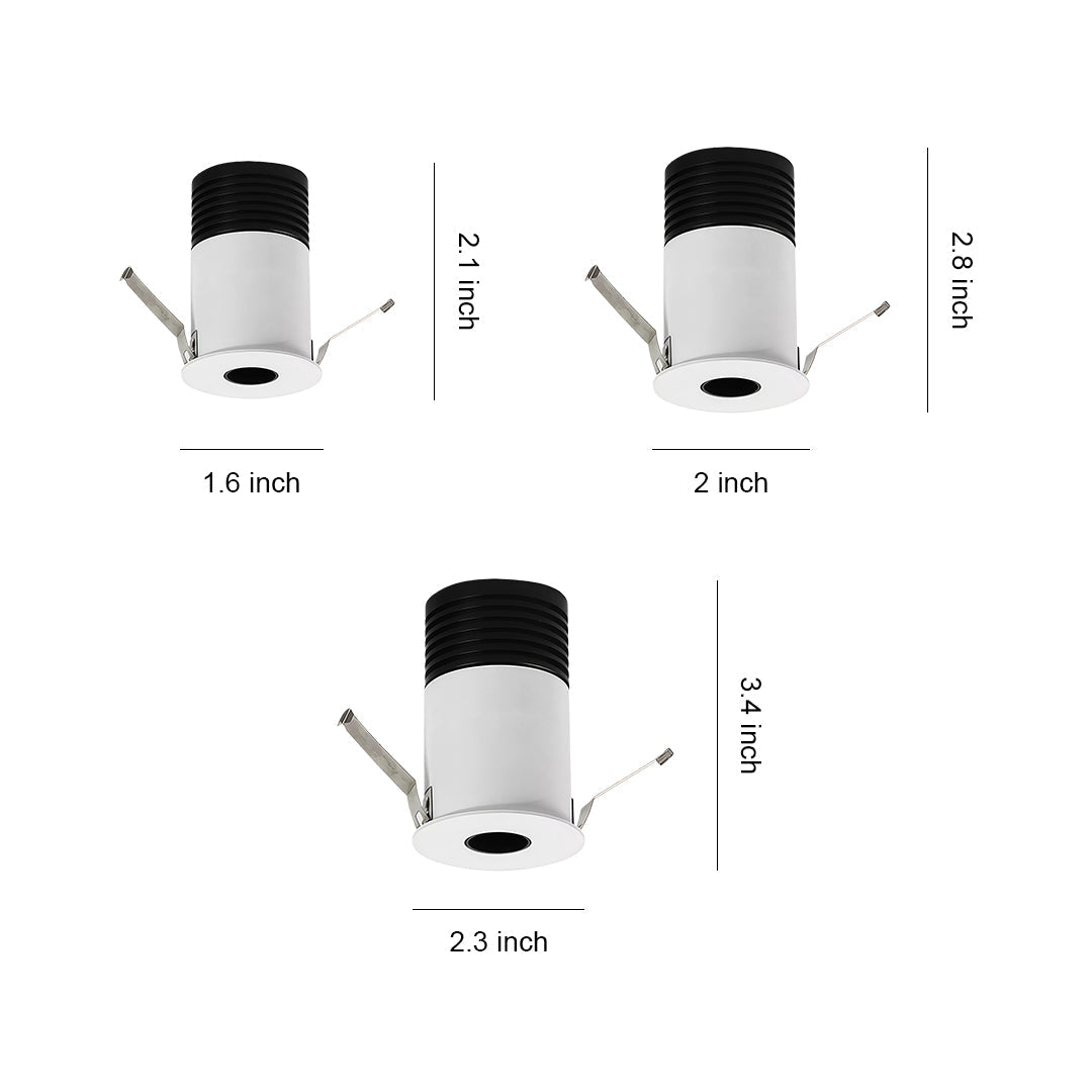 Small LED spotlights design reference showing three white cylindrical recessed fixtures with black heat sinks.