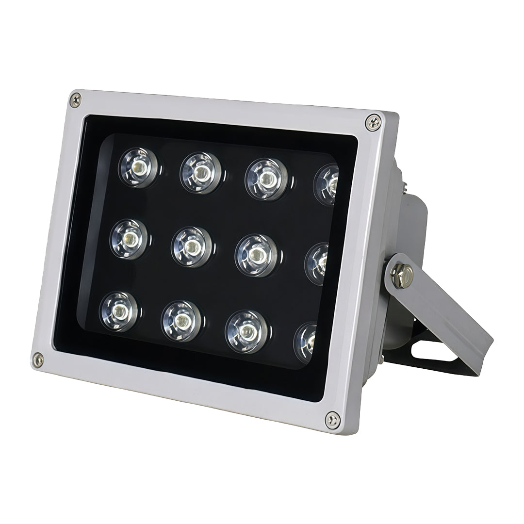 Small silver architectural flood lights fixture with a 15-LED panel, isolated on white.