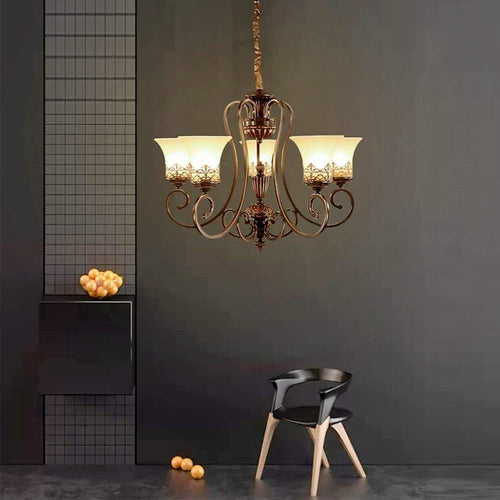 5 - light Bending Metal Bar Upside Down Glass Shade Vintage Chandelier Ceiling Light