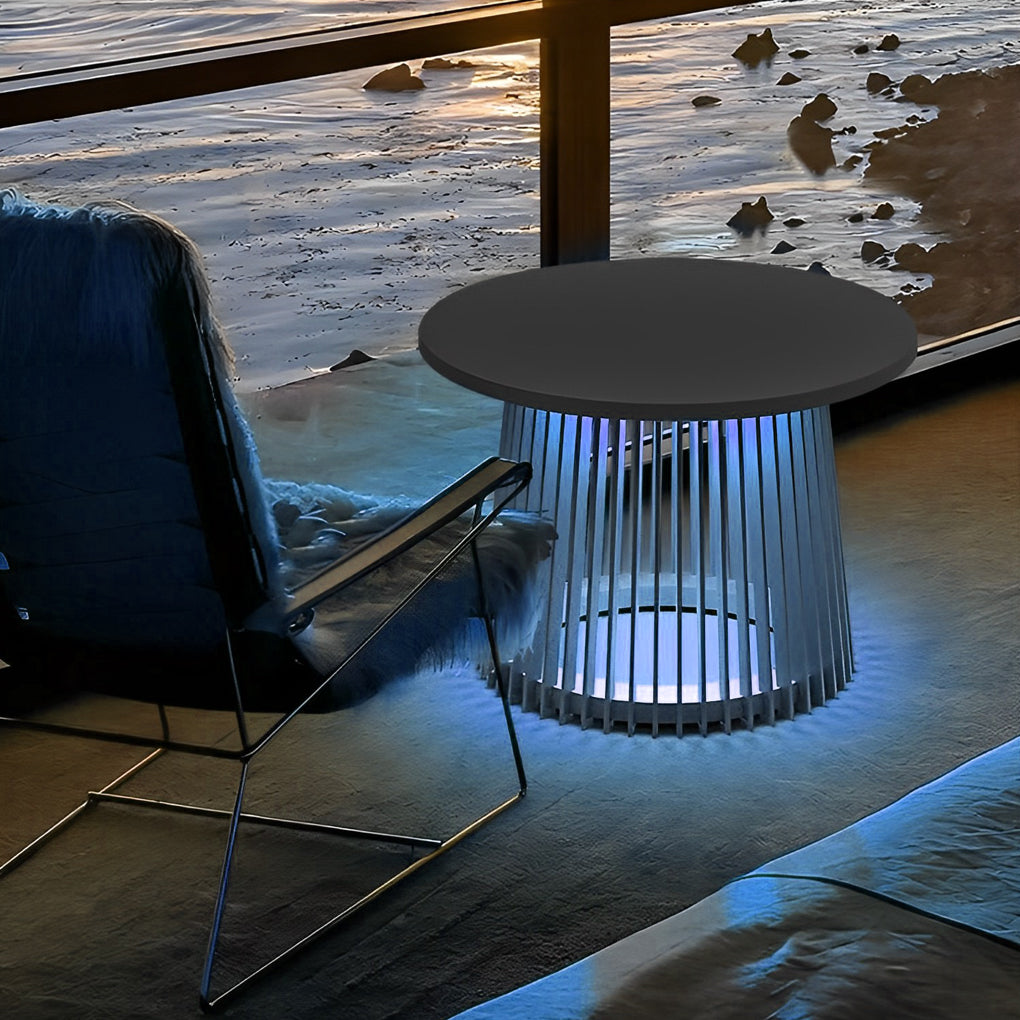 Solar coffee table with a close-up of its woven structure and warm light.