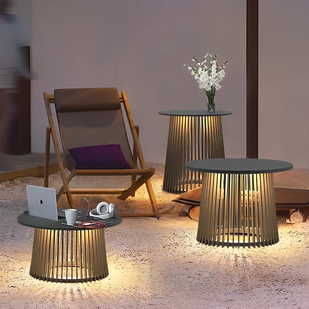 Solar coffee table with a minimalist design, installed on a beachside deck.