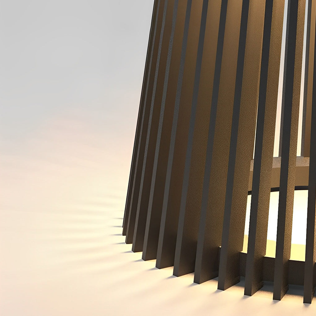 Solar coffee table with a woven design, providing warm light in an outdoor setting.