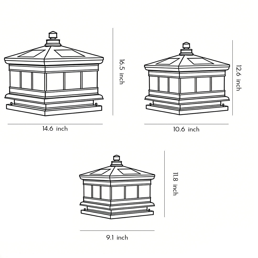 Technical drawing of solar column pillar lights showing dimensions and proportions for outdoor pillar installation reference.