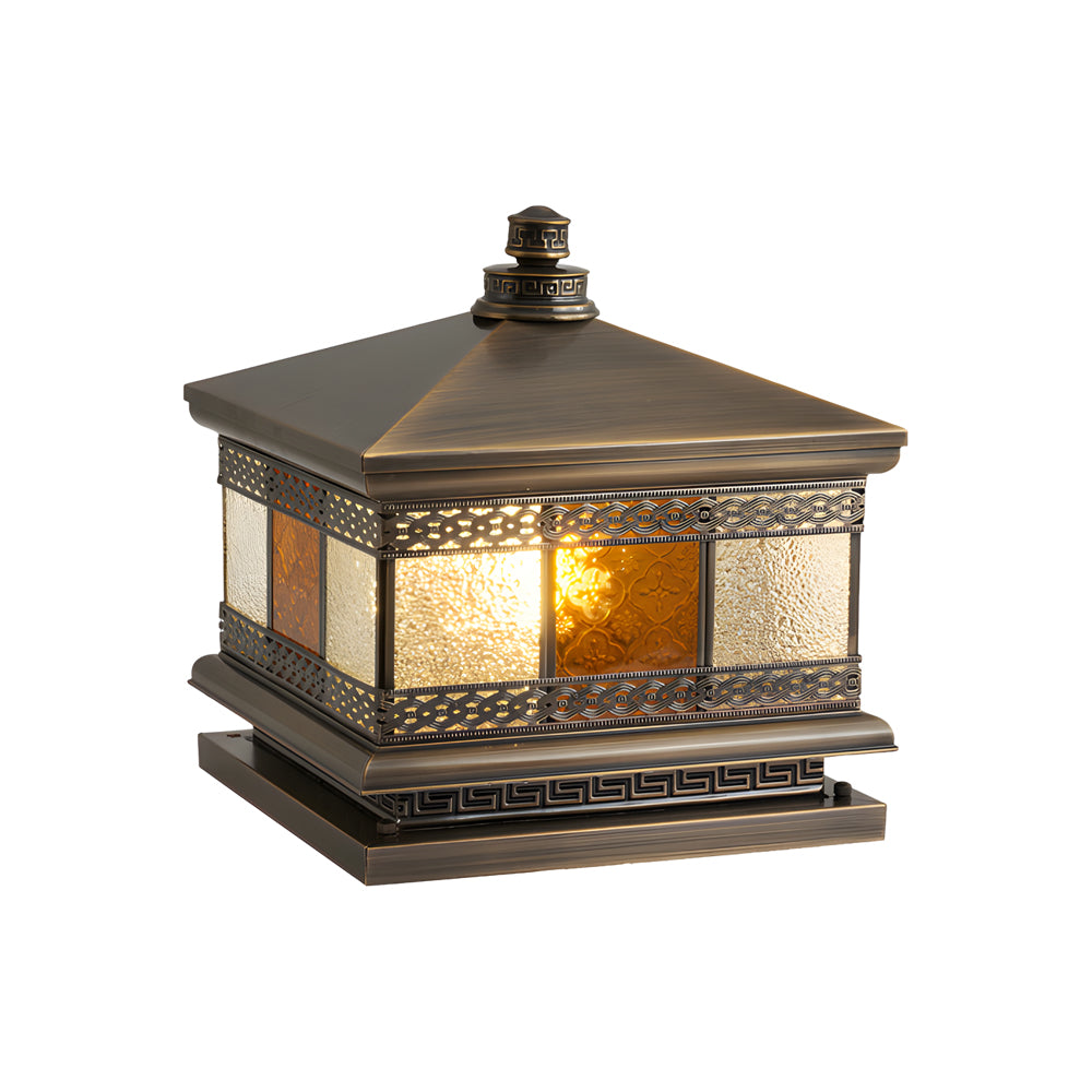 Isolated product image of solar column pillar lights with warm internal glow and symmetrical lantern-style construction.