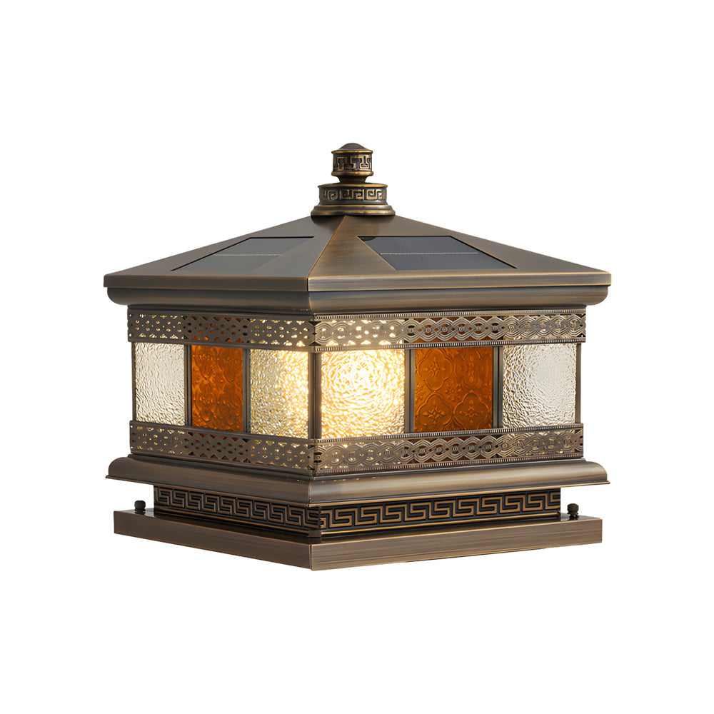 Single solar column pillar lights displayed on a neutral background, emphasizing the classic lantern shape and glass panels.