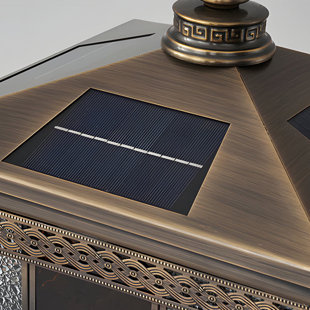 Top view of solar column pillar lights featuring an integrated solar panel set into a bronze-finished metal roof.