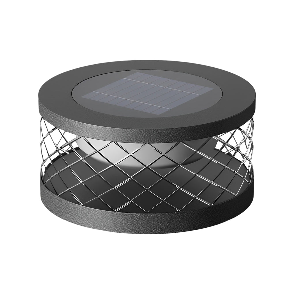 Solar cylinder pillar light with a close-up of its solar panel and structure.
