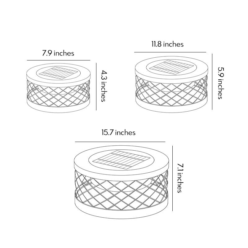 Technical diagram showing dimensions and structure of solar cylinder pillar light models.