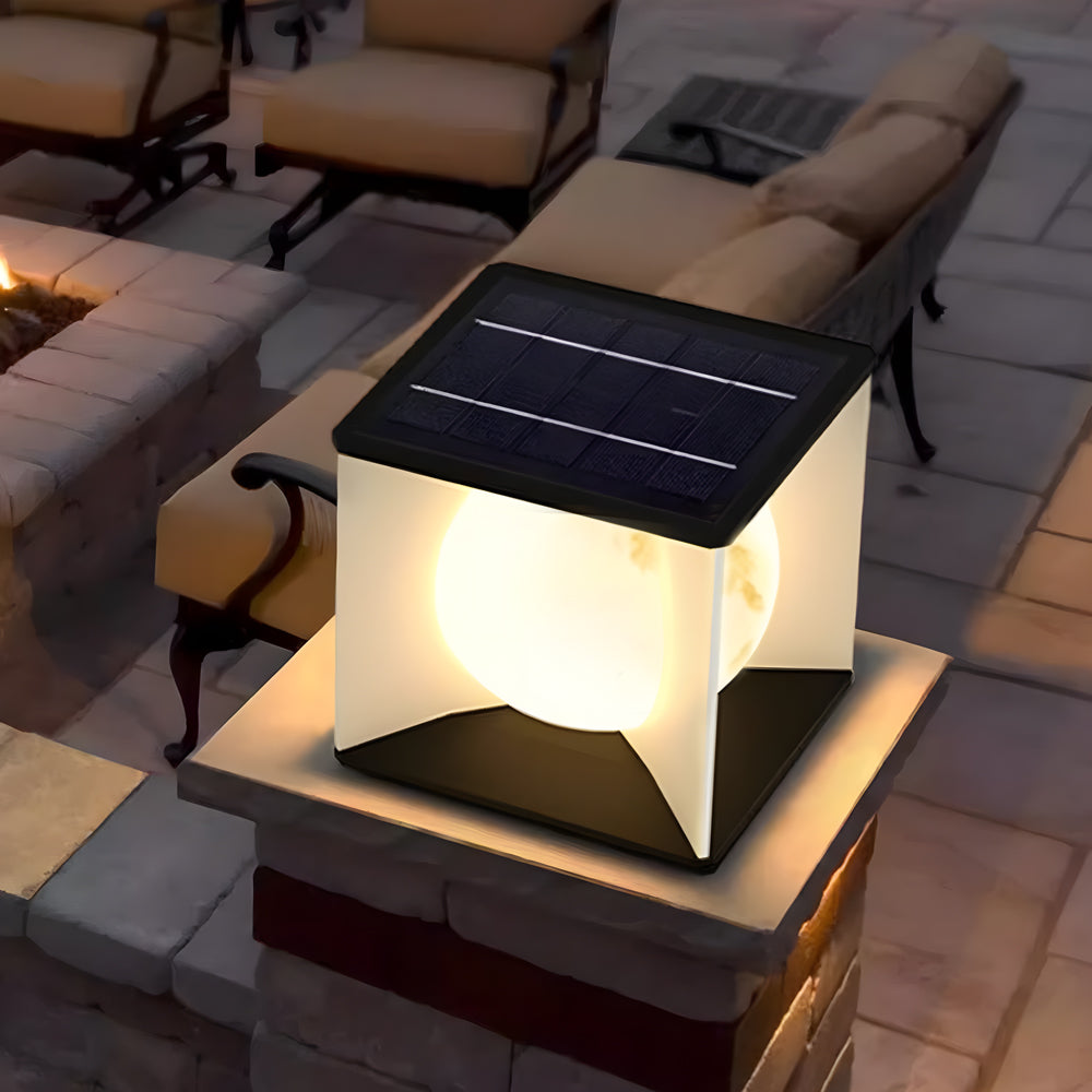 Solar-powered outdoor light fixture installed on wooden deck furniture for ambient lighting