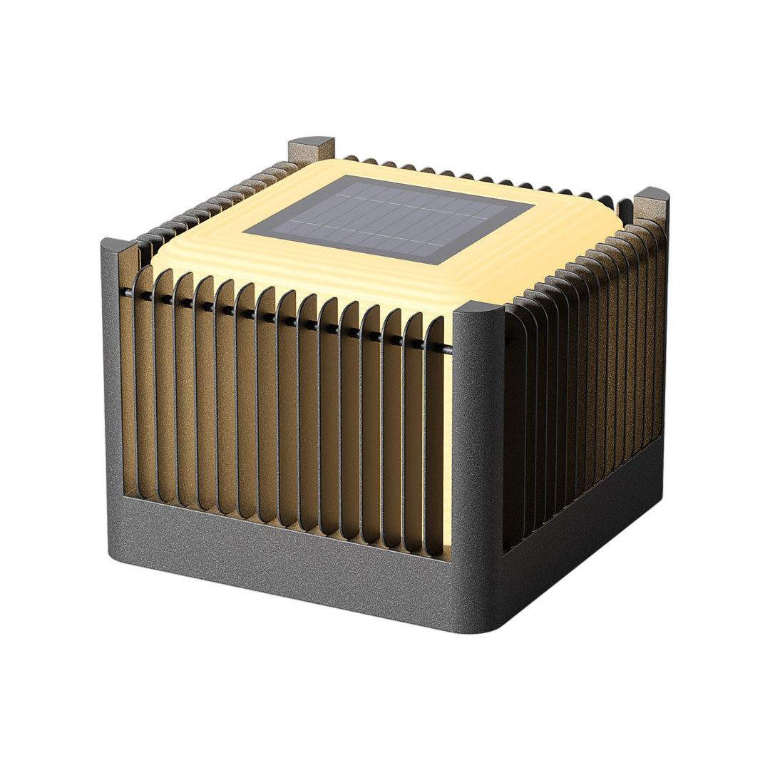 Solar driveway pillar lights compact model featuring decorative vertical bars and modern outdoor style.