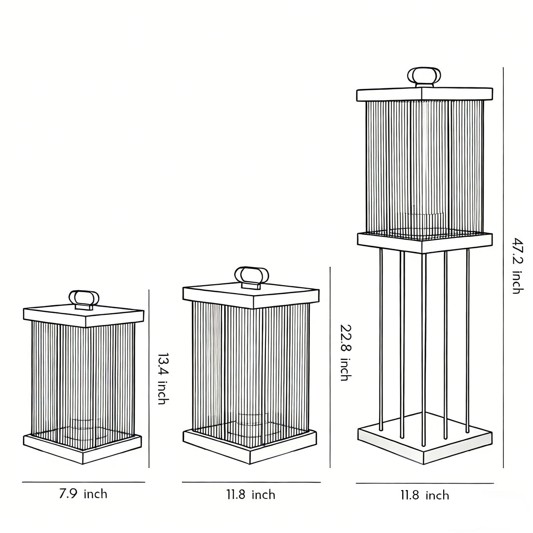 Solar garden lantern size comparison diagram showing multiple height options.